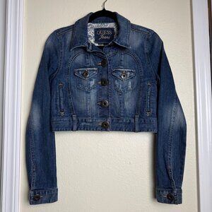 Guess Womens Cropped Denim Jacket Stretch Fitted Design Large Button Front Sz S